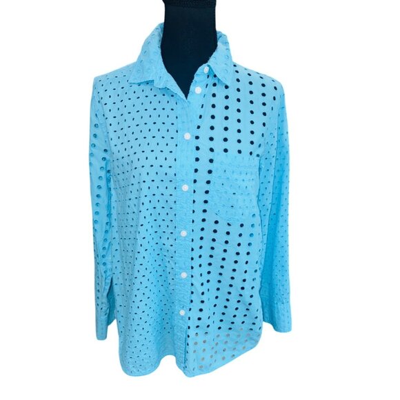 J.Crew Baby Blue Classic Eyelet Button-Up Shirt Long Sleeve Cotton 8 Sustainable - Picture 1 of 11